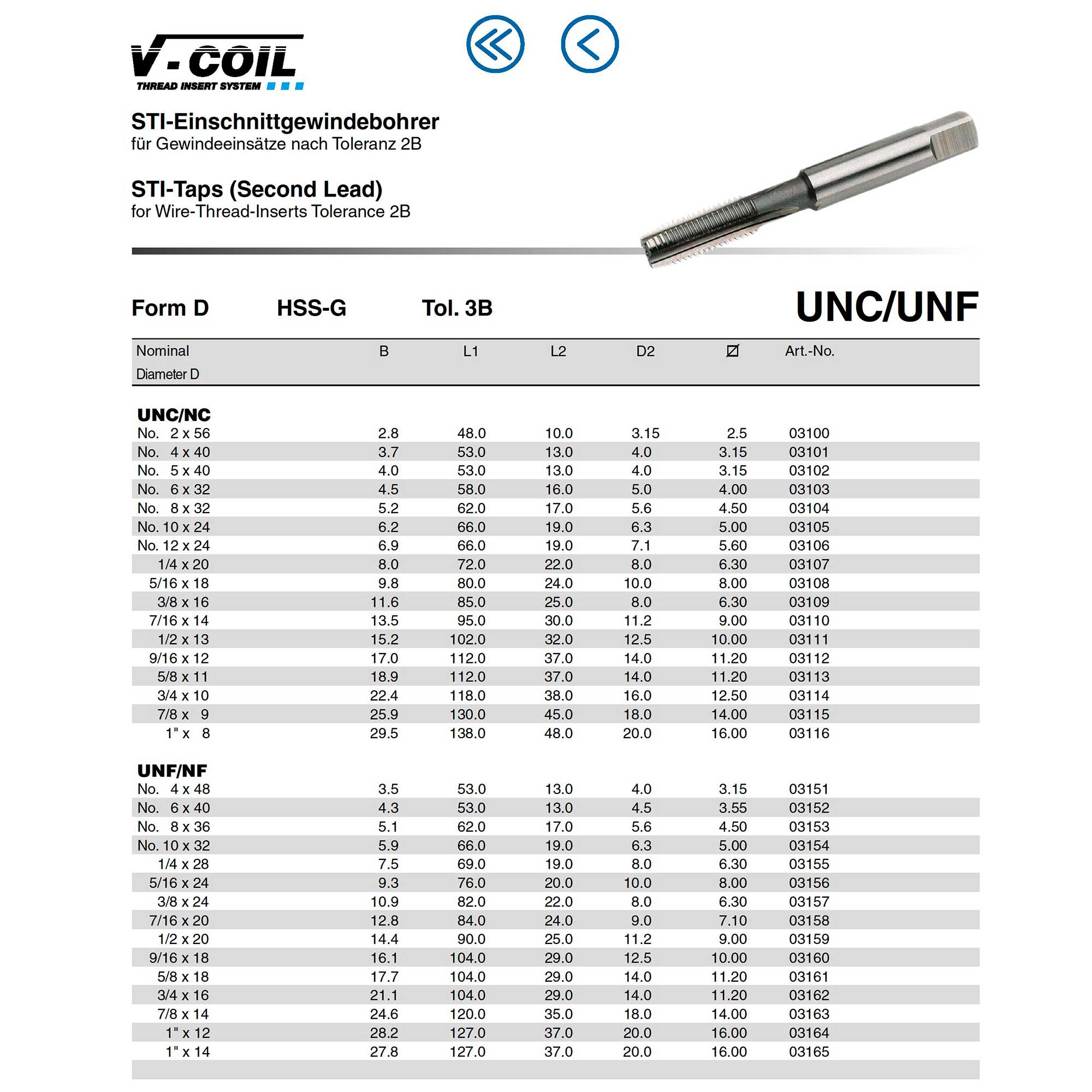 Метчик для резьбовой вставки Volkel HSS-G STI UNC №2 -56 03100
