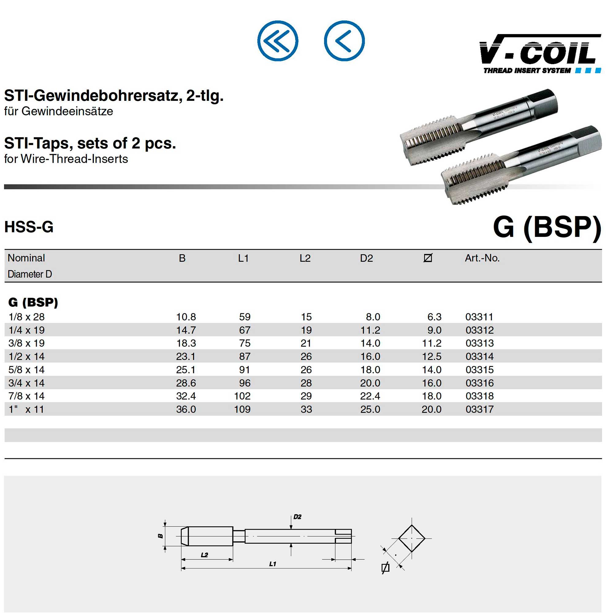 Набор метчиков для резьбовой вставки 2шт Volkel HSS-G STI G 1/2"-14 03314