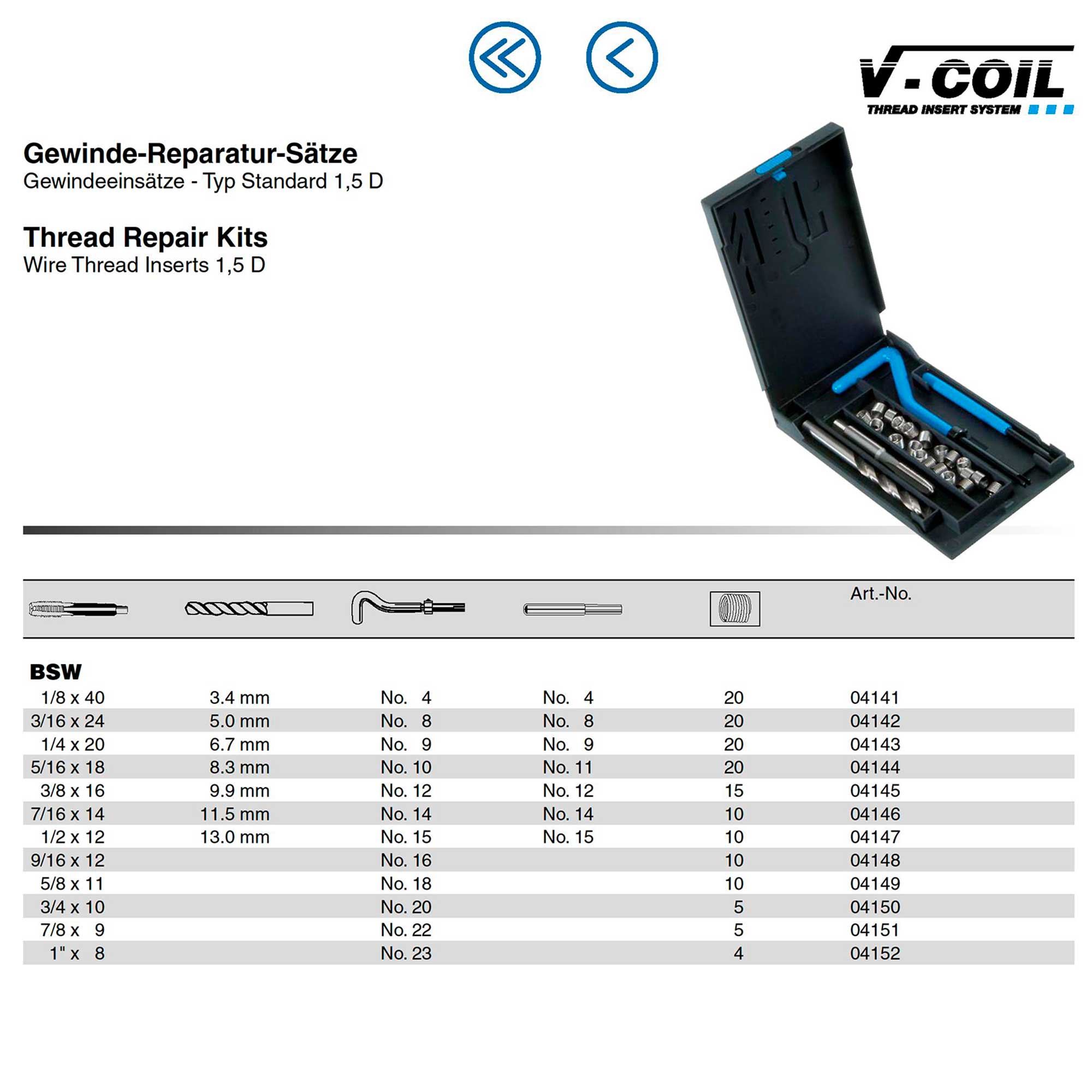 Набор для восстановления резьбы 1/2" -12-BSW 14пр V-Coil Volkel 04147