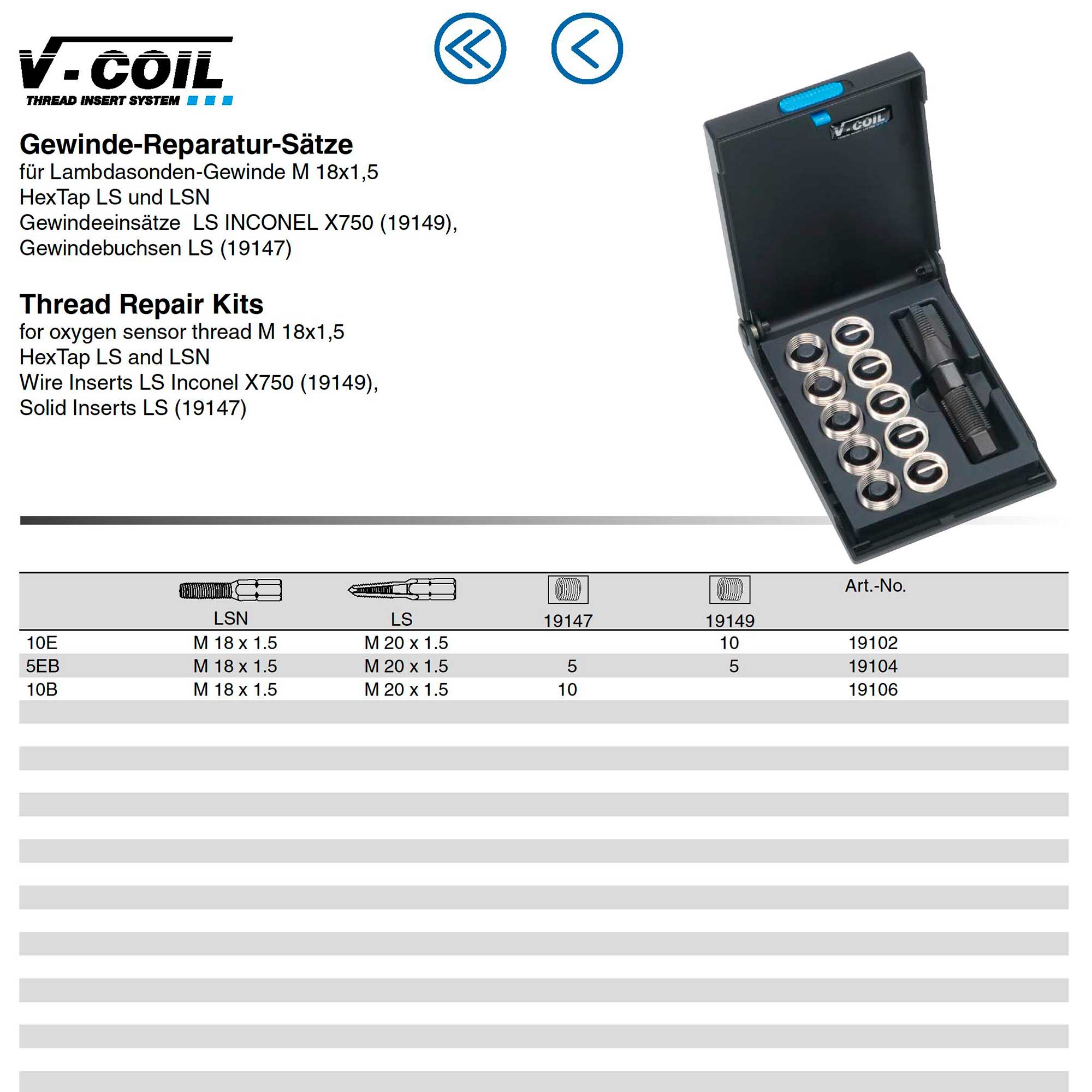 Набор для восстановления резьбы 5EB М18х1,5 12пр V-Coil Volkel 19104